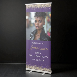 Birthday Party Purple Gold Glitter Photo Retractable Banner
