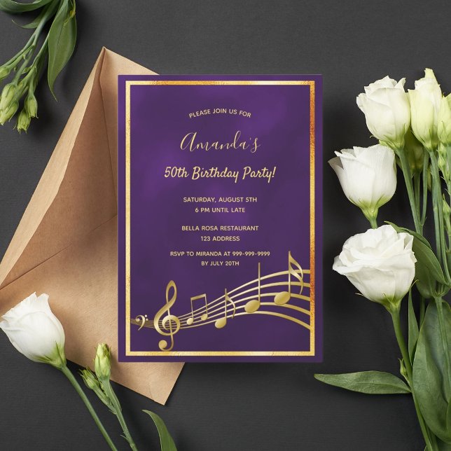 Birthday party purple gold music notes invitation (Creator Uploaded)