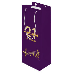 Birthday party purple gold music notes name wine gift bag