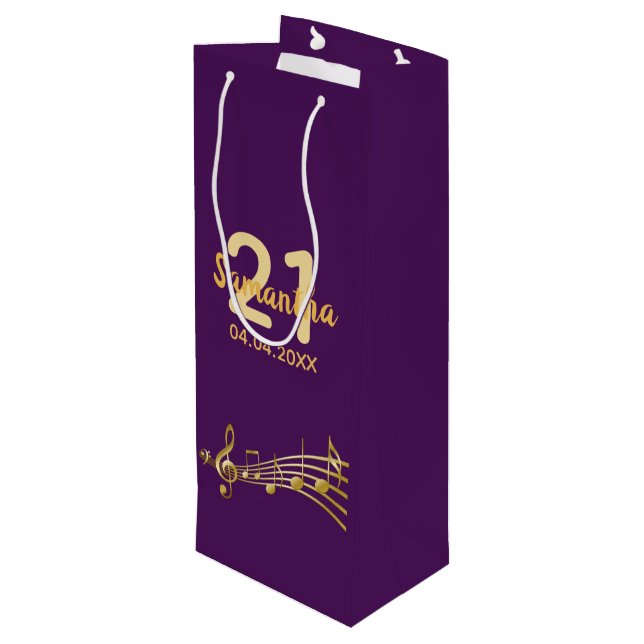 Birthday party purple gold music notes name wine gift bag (Back Angled)