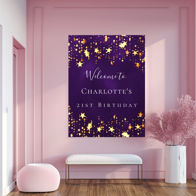 Birthday party purple gold stars welcome poster (Creator Uploaded)