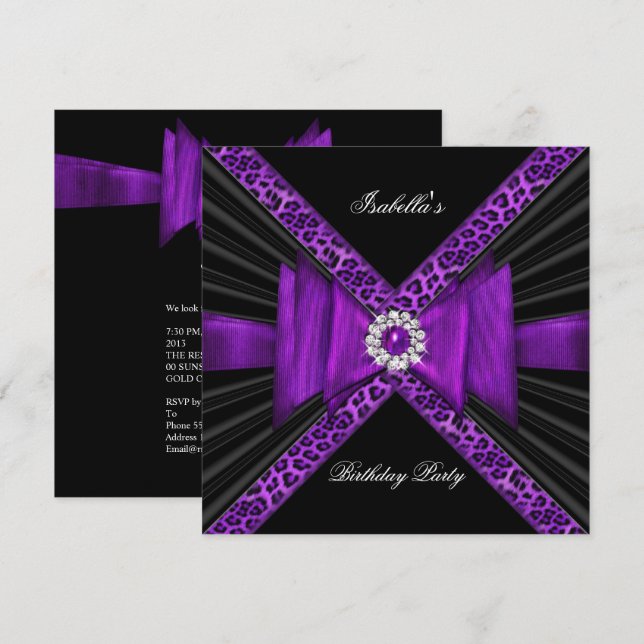 Birthday Party Purple Leopard Black Diamond Bow Invitation (Front/Back)