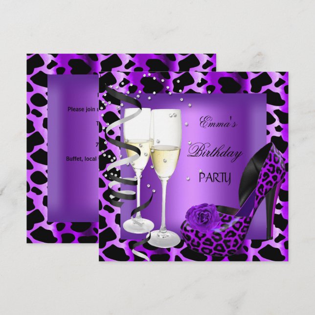 Birthday Party Purple Leopard Black Shoes Invitation (Front/Back)