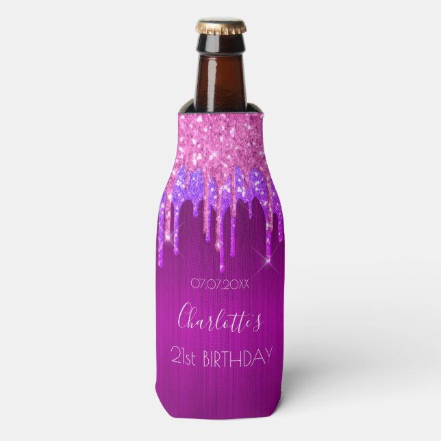Birthday party purple pink blush glitter sparkle bottle cooler (Bottle Front)