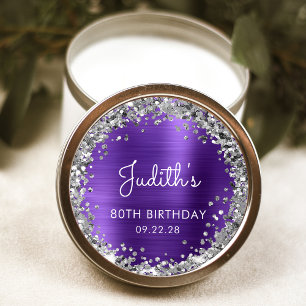 Birthday Party Purple Silver Glitter Personalised Classic Round Sticker