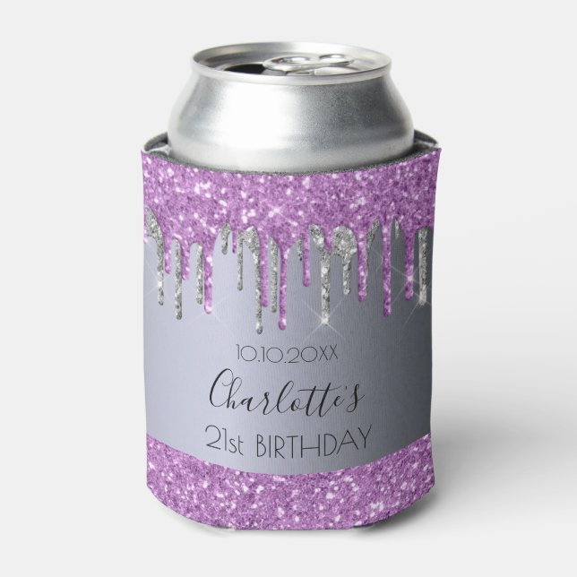 Birthday party purple silver glitter sparkle glam can cooler (Can Front)