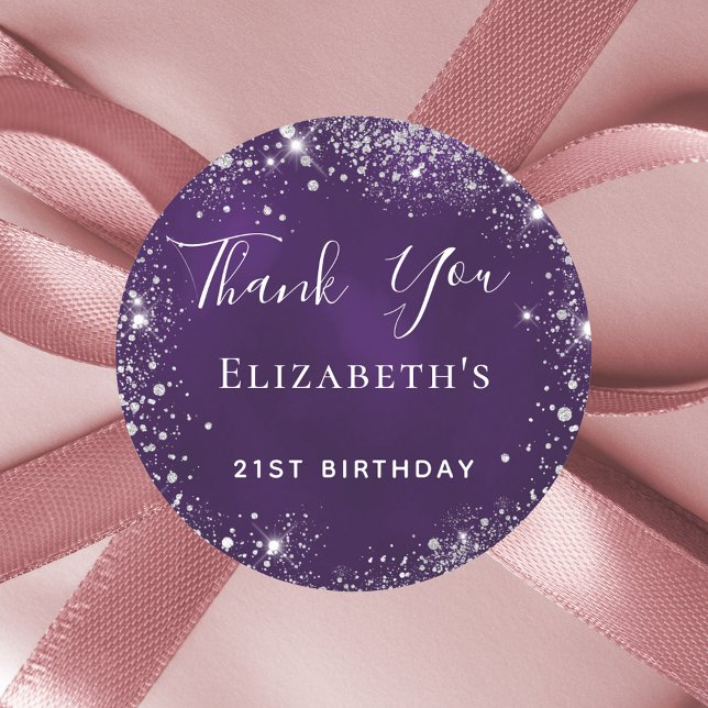Birthday party purple silver glitter thank you classic round sticker (Creator Uploaded)