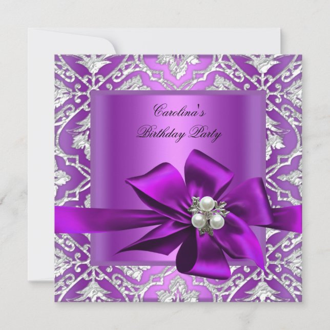 Birthday Party Purple Silver Pearl Damask Invitation (Front)