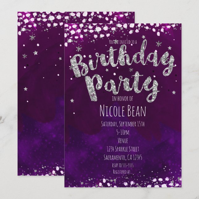 Birthday Party Purple & Silver Starry Invitations (Front/Back)