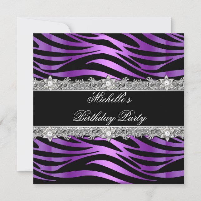 Birthday Party Purple Silver Zebra Diamond Black Invitation (Front)