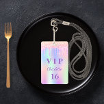 Birthday party rainbow glitter name VIP invitation ID Badge<br><div class="desc">For a Sweet 16,  16th (or any age) birthday party. A trendy holographic background in rainbow pastel colours in pink,  purple,  rose gold,  mint green. Decorated with faux glitter drips,  paint dripping look.  Personalise and add a name and age 16.  Purple coloured letters. 
Back: your party details.</div>