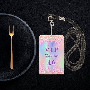 Birthday party rainbow glitter name VIP invitation ID Badge