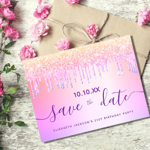 Birthday party rainbow glitter pink save the date postcard
