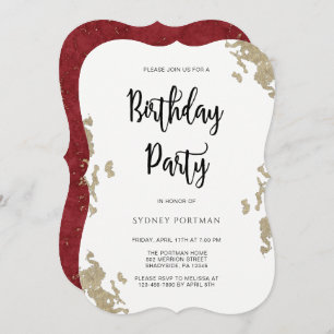 Birthday Party Red and White Faux Gold Marble Invitation