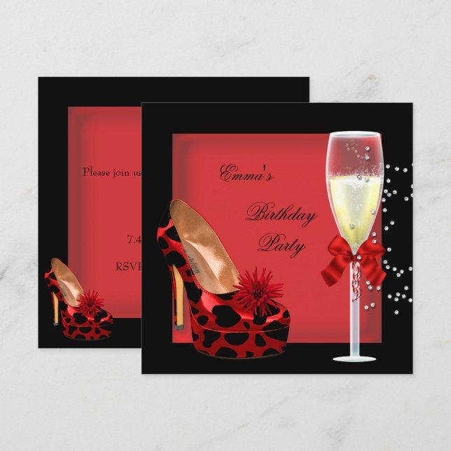 Birthday Party Red Black Champagne Shoe Invitation (Front/Back)
