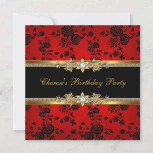 Birthday Party Red Damask Gold Black Diamond Invitation