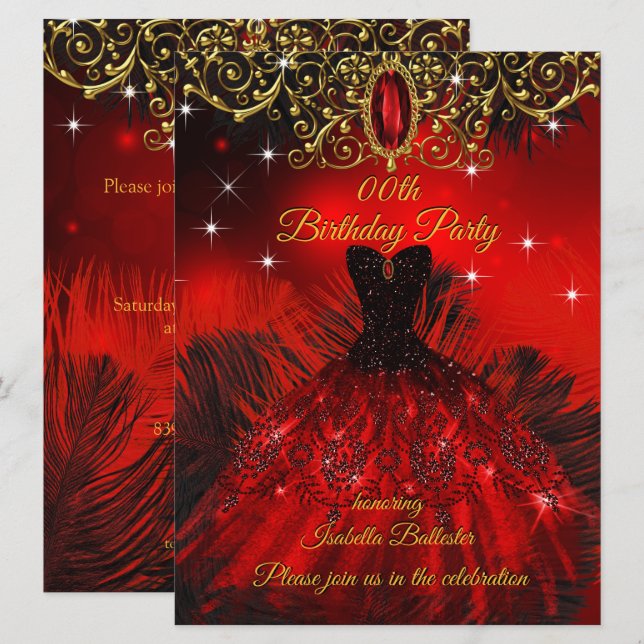 Birthday Party Red Dress Black Feathers Gold Invitation (Front/Back)