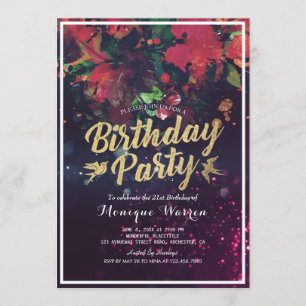 Birthday Party Red Floral Gold Script Purple Light Invitation