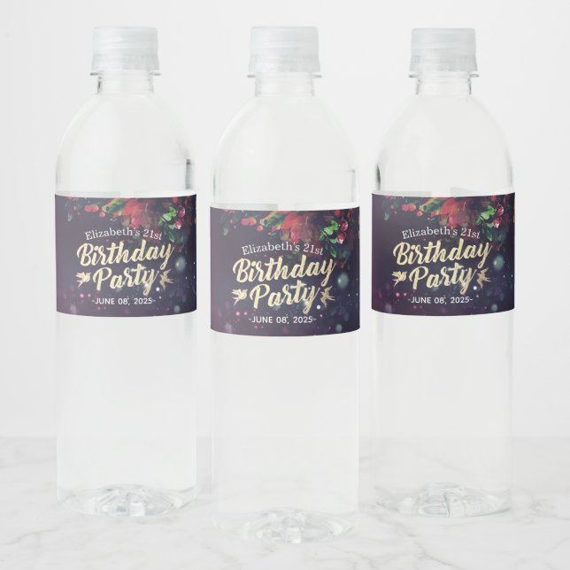 Birthday Party Red Floral Gold Script Purple Light Water Bottle Label (Bottles)