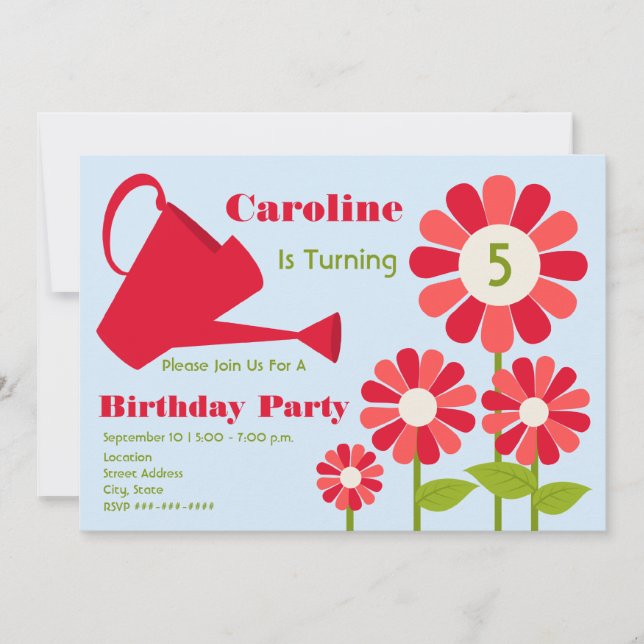 Birthday Party - Red Flower Garden & Watering Can Invitation (Front)