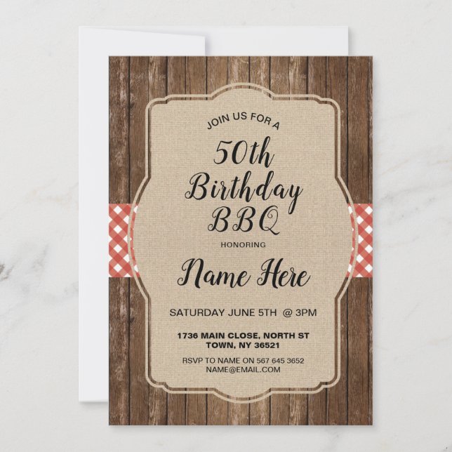 Birthday Party Red Gingham Burlap BBQ Invite (Front)