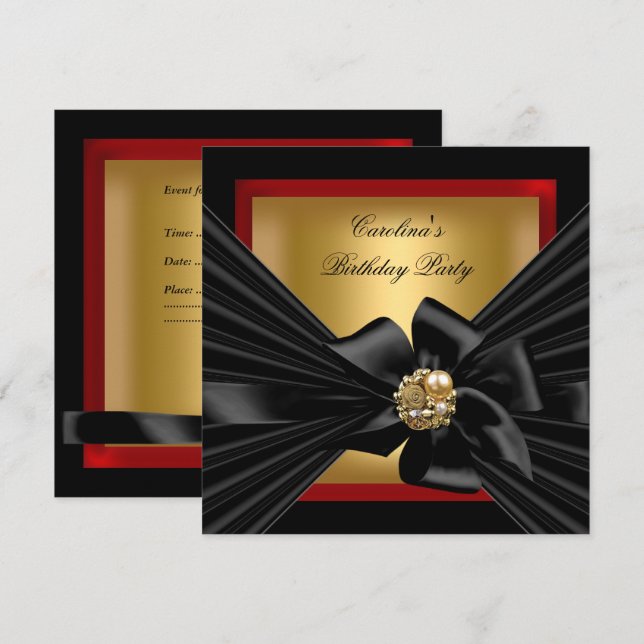 Birthday Party Red Gold Black Bow Invitation (Front/Back)
