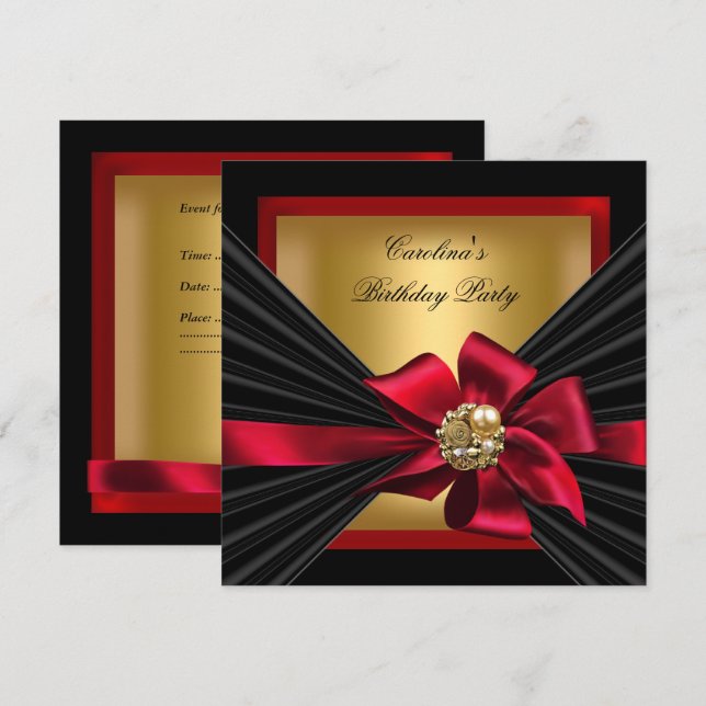 Birthday Party Red Gold Black Bow Jewel Invitation (Front/Back)