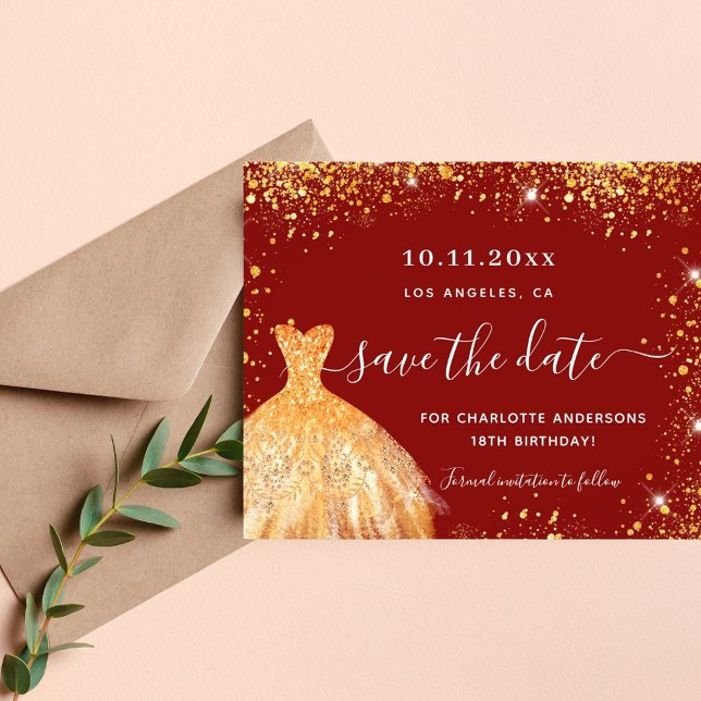 Birthday party red gold dress budget save the date flyer (Creator Uploaded)