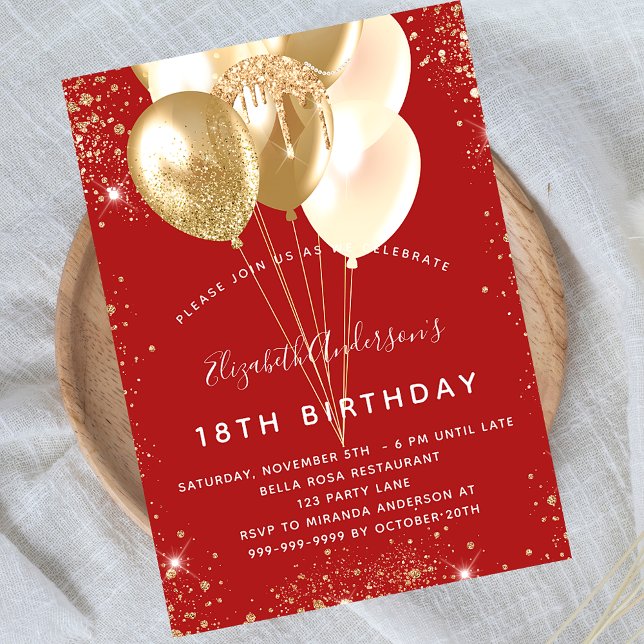 Birthday party red gold glitter balloons invitation (Creator Uploaded)