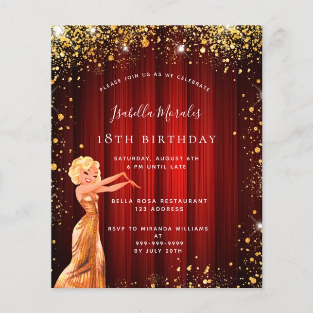 Birthday party red gold glitter dress movie budget flyer (Front)