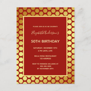 Birthday party red gold invitation postcard