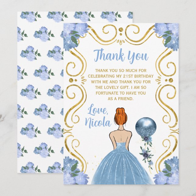 Birthday Party Red Hair Princess Blue  Thank You Card (Front/Back)
