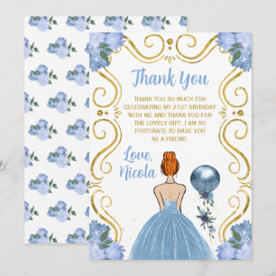Birthday Party Red Hair Princess Blue  Thank You Card