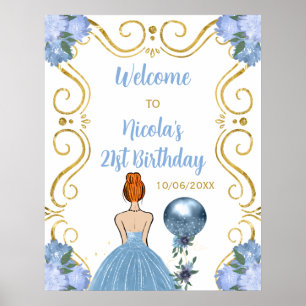 Birthday Party Red Hair Princess Blue Welcome Poster