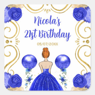 Birthday Party Red Hair Princess in Blue Square Sticker