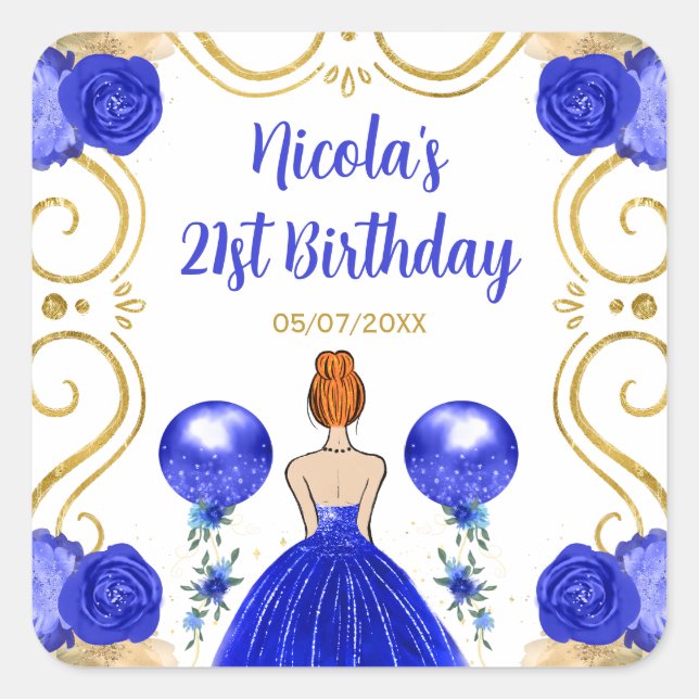 Birthday Party Red Hair Princess in Blue Square Sticker (Front)