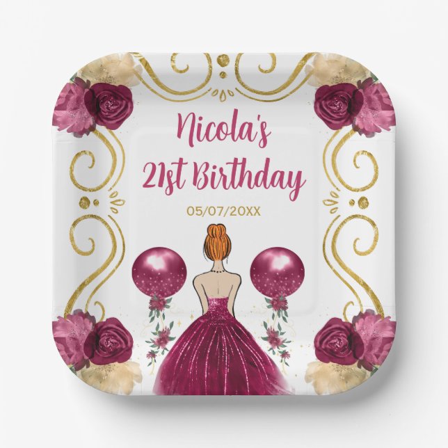 Birthday Party Red Hair Princess in Burgundy Red Paper Plate (Front)