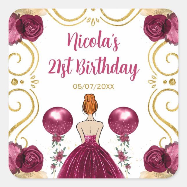 Birthday Party Red Hair Princess in Burgundy Red Square Sticker (Front)