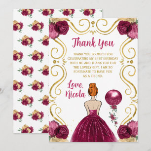 Birthday Party Red Hair Princess in Burgundy Thank You Card