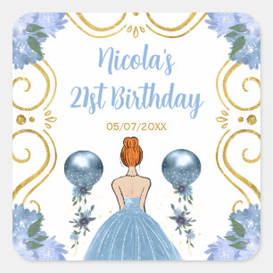 Birthday Party Red Hair Princess in Dusty Blue Square Sticker