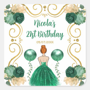 Birthday Party Red Hair Princess in Green Square Sticker