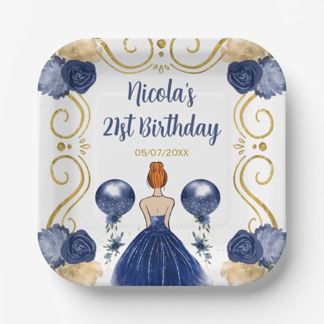 Birthday Party Red Hair Princess in Navy Blue Paper Plate (Front)