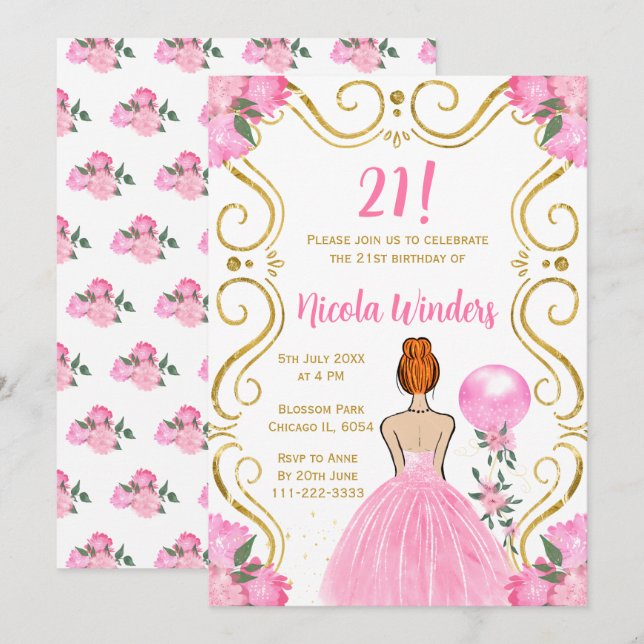 Birthday Party Red Hair Princess in Pink Invitation (Front/Back)