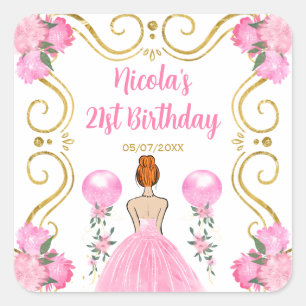 Birthday Party Red Hair Princess in Pink Square Sticker
