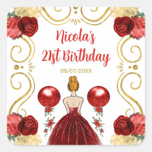 Birthday Party Red Hair Princess in Red Square Sticker