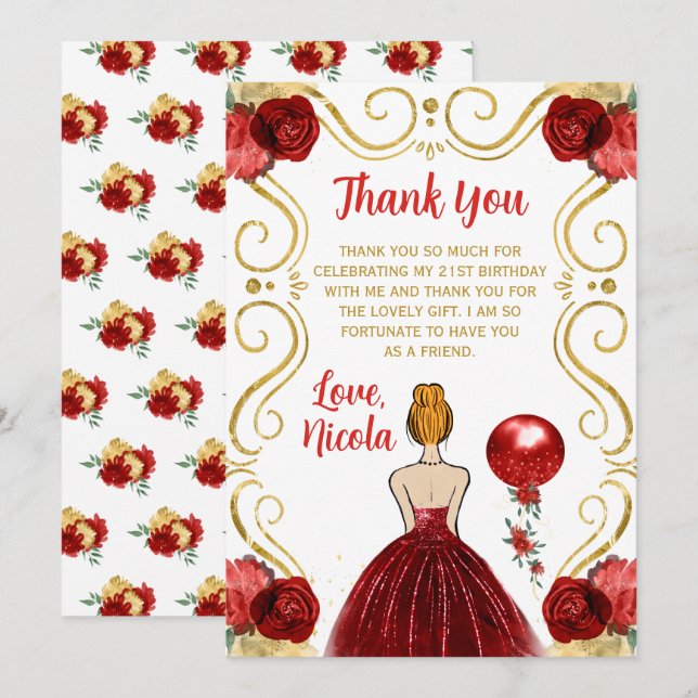 Birthday Party Red Hair Princess in Red Thank You Card (Front/Back)