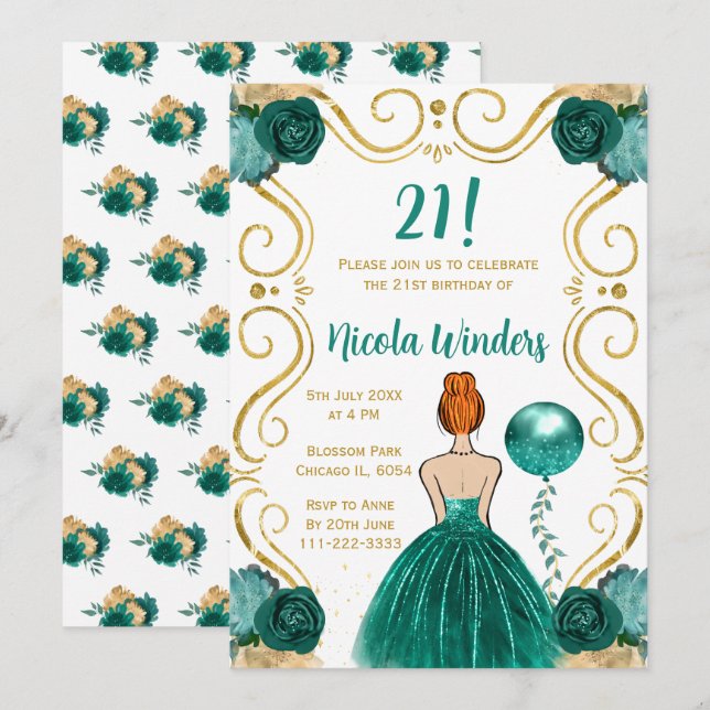 Birthday Party Red Hair Princess in Teal Invitation (Front/Back)