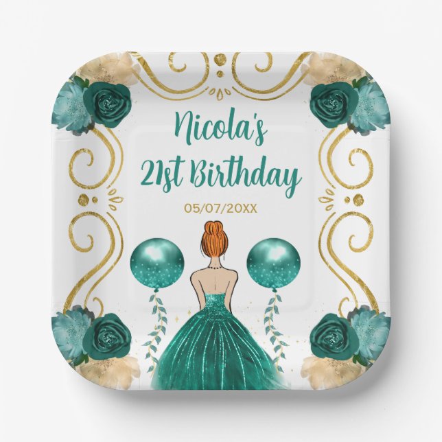 Birthday Party Red Hair Princess in Teal Paper Plate (Front)