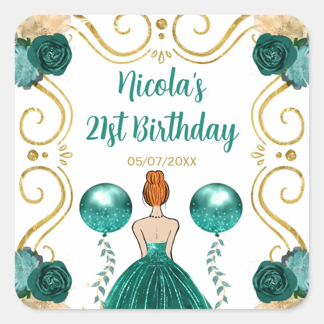 Birthday Party Red Hair Princess in Teal Square Sticker (Front)