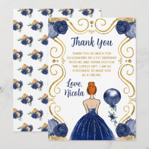 Birthday Party Red Hair Princess Navy  Thank You Card
